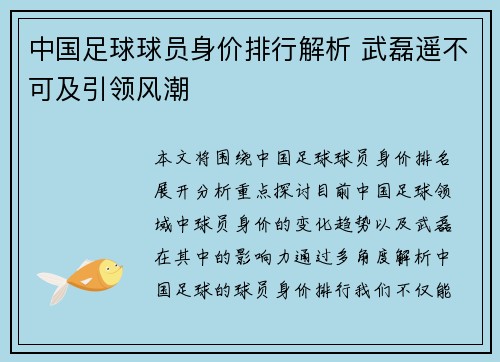 中国足球球员身价排行解析 武磊遥不可及引领风潮