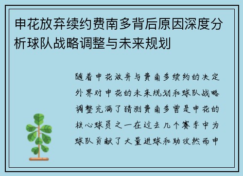申花放弃续约费南多背后原因深度分析球队战略调整与未来规划