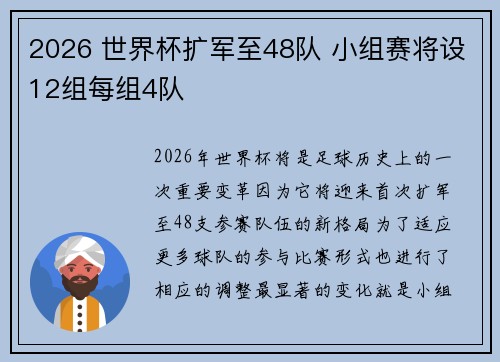 2026 世界杯扩军至48队 小组赛将设12组每组4队