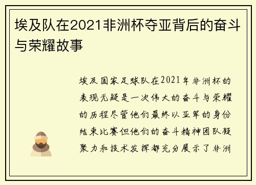 埃及队在2021非洲杯夺亚背后的奋斗与荣耀故事