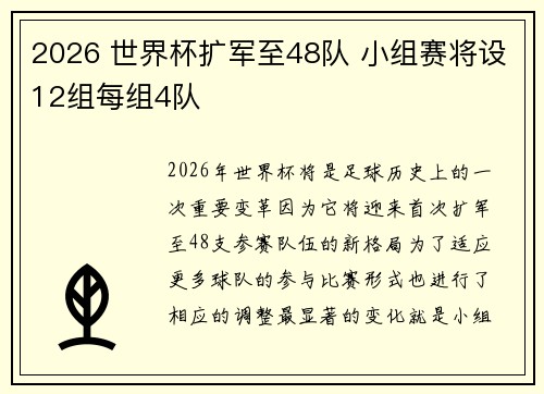 2026 世界杯扩军至48队 小组赛将设12组每组4队